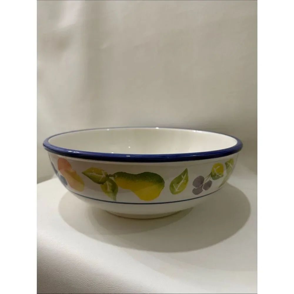 Furio Italy Pasta Serving Bowl Large 1 Gallon 12 X 4 1/4 Ceramic Blue Rim Fruit